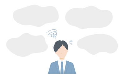 悩むスーツ姿のビジネスマンと吹き出しのベクターイラスト（問題・課題・相談）
