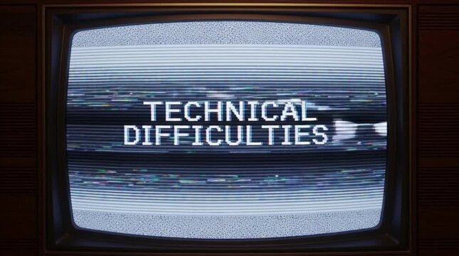 Technical difficulties screen with glitch effect and static noise