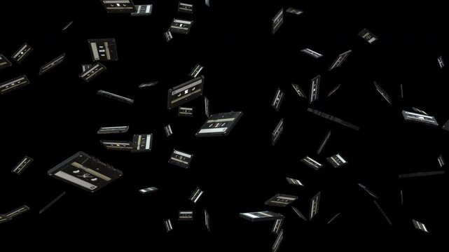  Loop animation of Black retro audio cassette tapes falling
