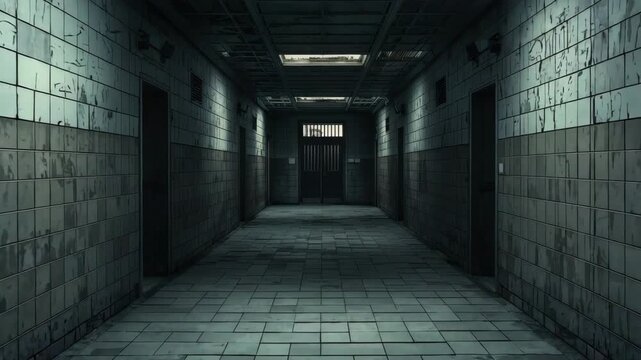 Empty tiled corridor with symmetrical walls and fluorescent ceiling lights leading toward distant doorway