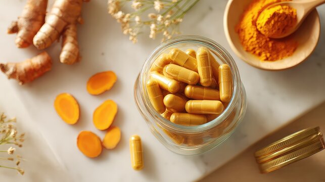 Top view of turmeric curcumin extract capsules along with sliced turmeric root and golden turmeric powder