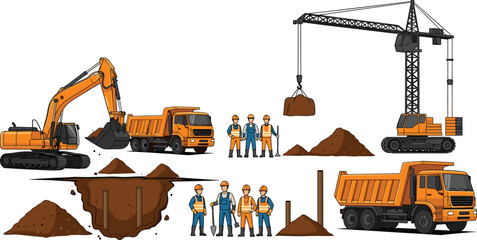 Construction site set with excavator crane dump trucks workers and excavation pit heavy machinery operation urban infrastructure development vector illustration © MdSakila