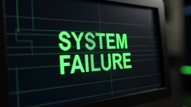 'SYSTEM FAILURE' is displayed in a blazing green font on a digital screen in this photograph, signifying technical difficulties