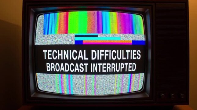 Vintage television screen displaying bright, colorful static interference patterns and a prominent black banner with white text indicating technical difficulties or broadcast interruption