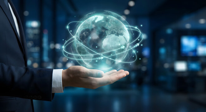 businessman in dark suit holding glowing blue digital globe with rotating arrows representing global connectivity international trade worldwide logistics and earth network technology