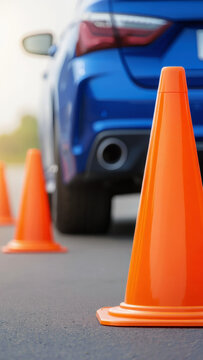 Driving school defensive driving lesson with orange traffic cones and blue training car, parking maneuver practice on road asphalt, driver education safety course preparation for driving test exam