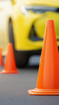 Orange traffic cones on asphalt surface with yellow car, driver training equipment focus, vehicle safety practice, road maneuvering exercise tools, defensive driving essentials, automotive education