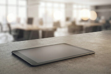 Generative AI blank digital tablet screen mockup on concrete table in modern office with blurred background