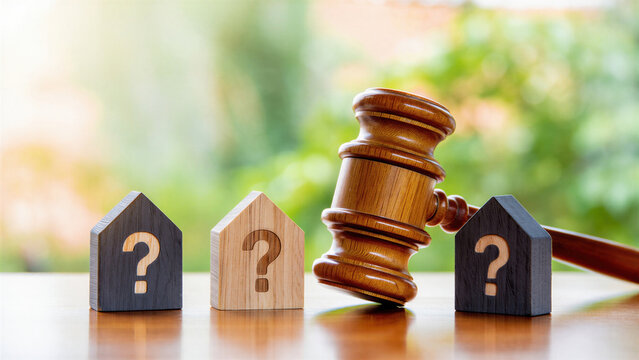 wooden judge gavel beside house shaped blocks with question marks on table, real estate drama, property law tea, housing court ruling, mortgage mess, landlord tenant conflict, legal clarity