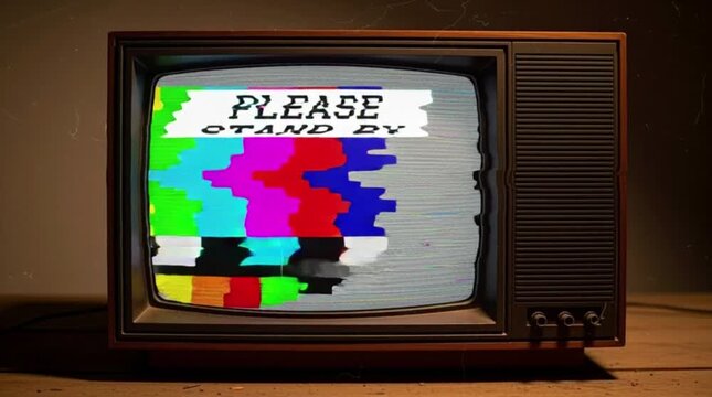 Vintage television screen displays technical difficulties please stand by message with test pattern