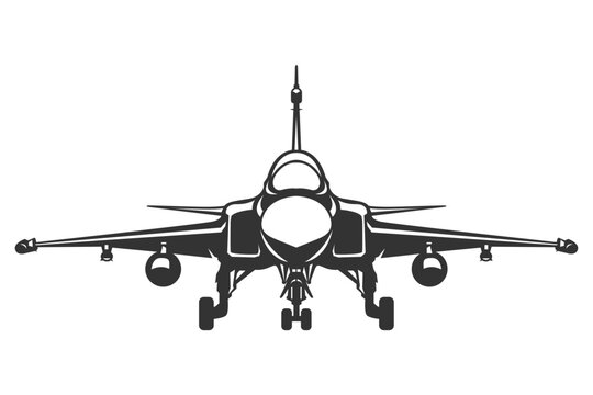  JAS 39 plane in minimalist black and white vector artwork. SIlhouette sweden modern combat aircraft from front view. Monochrome drawing fighter jet from europe.