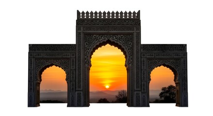 Fototapeta premium Majestic Mosque Archway Silhouette Against Vibrant Sunset Sky With Orange And Yellow Hues