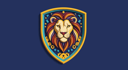Lion head in shield emblem logo.