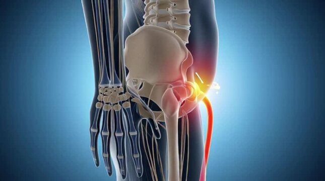 3D anatomy of a woman displaying inflammation and hip pain