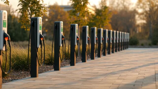 Row of electric vehicle charging stations aligned along outdoor walkway in modern sustainable urban setting