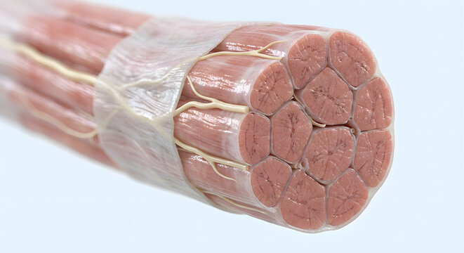 Anatomical 3D illustration of skeletal muscle fiber structure showing fascicles perimysium endomysium and nerve innervation for medical education biology and healthcare science