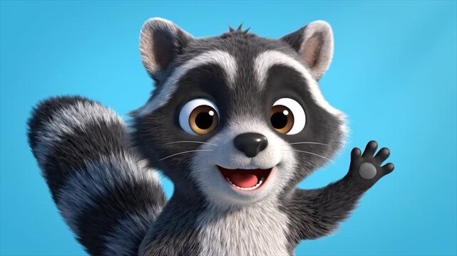 A cartoon raccoon waving its paw in a friendly gesture against a bright blue background