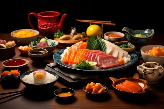 Japanese sashimi, delicious raw fish and seafood varieties, served with rice and side dishes