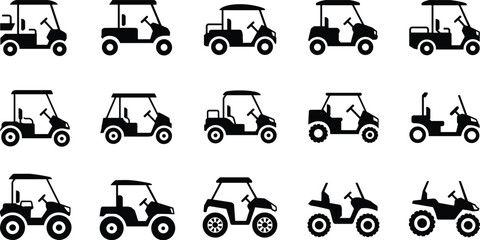 Golf cart silhouette collection with multiple electric buggy designs isolated on white background black vector icons set for transportation and vehicle illustration © MdSakila