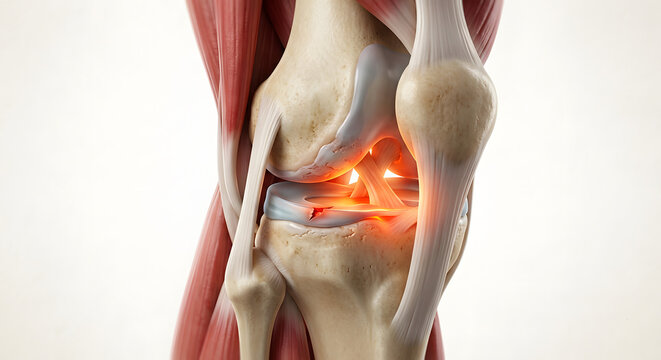 Human knee joint anatomy 3D illustration showing anterior cruciate ligament ACL tear injury with glowing inflammation for orthopedic medical education and sports medicine