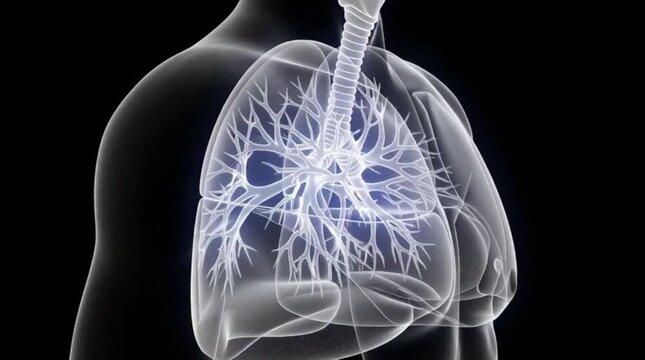 Anatomical detail of the human lung, showing the respiratory system from the front with glowing bronchi and trachea