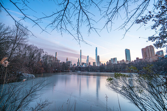 The scenic sunset views of the Central Park is an urban park between the Upper West Side and Upper East Side neighborhoods of Manhattan in New York City, and the first landscaped park in the US