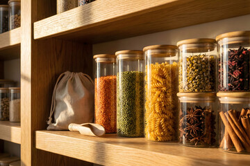 A photorealistic close-up photograph of a sustainable, zero-waste kitchen pantry with glass jars, bamboo lids, and organic ingredients bathed in warm golden hour sunlight.