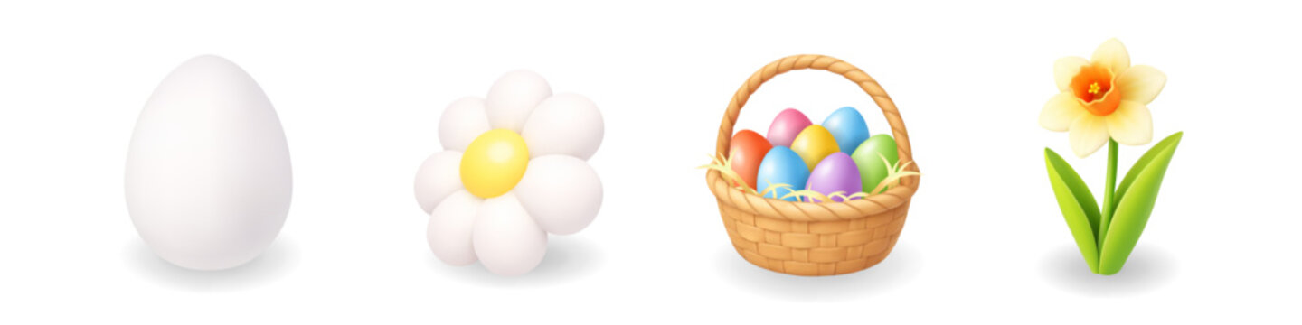 Easter 3D realistic icons. Egg, white daisy, basket with colored eggs and daffodil flower. 3D vector illustration ideal for seasonal templates and decor.