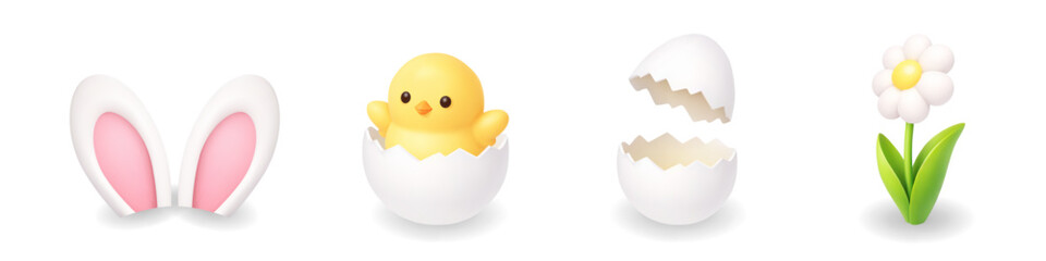 Easter 3D realistic icons. Bunny ears, baby chick in shell, broken egg and white daisy. 3D vector illustration for kids designs and holiday templates. © Lifeking