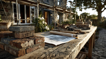 Fototapeta premium Old brick stacked on wooden table with architectural blueprint and tools in front of stone house under renovation in warm sunlight
