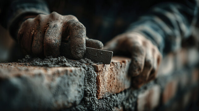 Bricklayer adjusting vertical brick seam with trowel tool, hands covered in mortar, close up of construction work showing detailed bricklaying process and craftsmanship