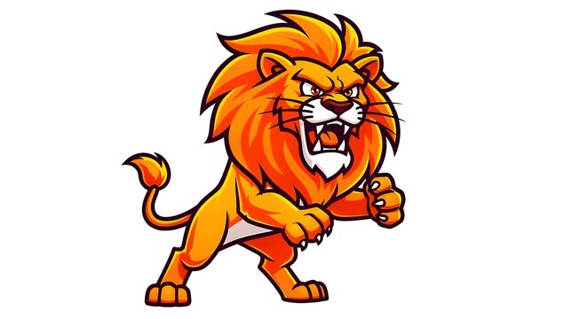 Funny angry cartoon lion mascot in dynamic vector pose, cute but grumpy expression, isolated on white background