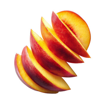 PNG of Sliced ripe nectarines stacked elegantly, showcasing vibrant red and yellow hues.