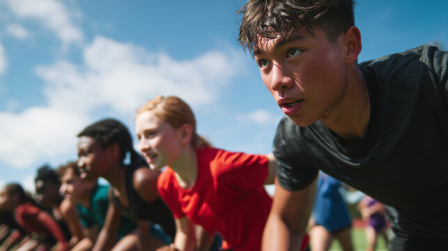 diverse youth soccer team warming up on field, smiling young girl athlete in orange sports jersey, group of active children training outdoors for football