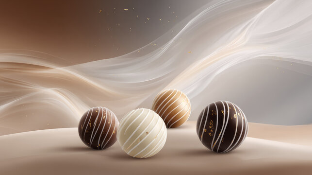 Elegant composition of white and milk chocolate truffles on soft gradient background