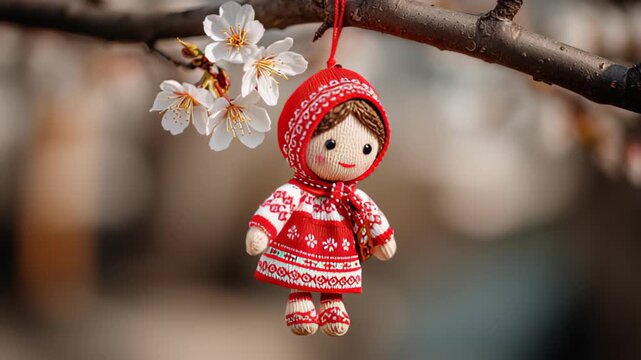 Handmade fabric doll with traditional red outfit hanging on cherry blossom tree