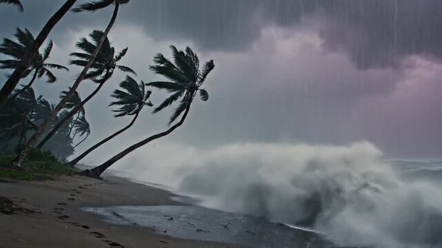 Stormy waves crash on the beach as strong winds bend palm trees during a heavy rainstorm in a tropical setting