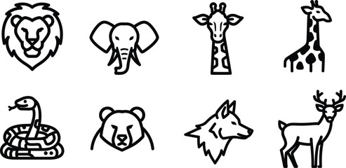 Fototapeta premium Wildlife icon bundle featuring lion elephant giraffe deer bear snake wolf and antelope black and white illustrations