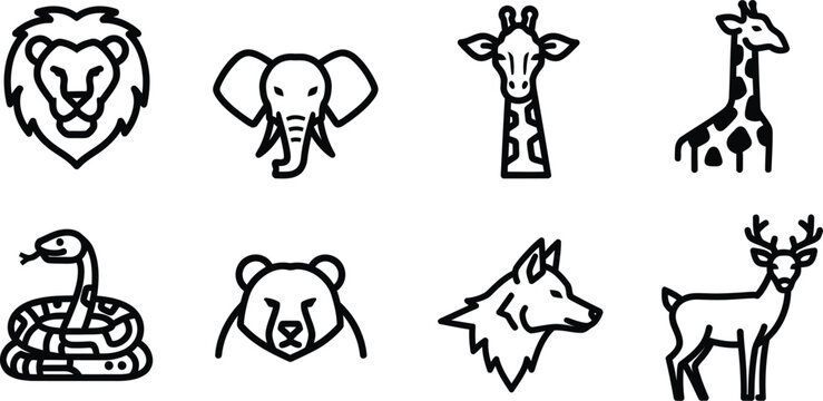 Wildlife icon bundle featuring lion elephant giraffe deer bear snake wolf and antelope black and white illustrations