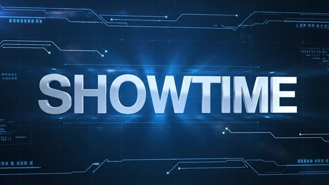 Metallic 3D text SHOWTIME word on a dark blue digital grid background with light effects