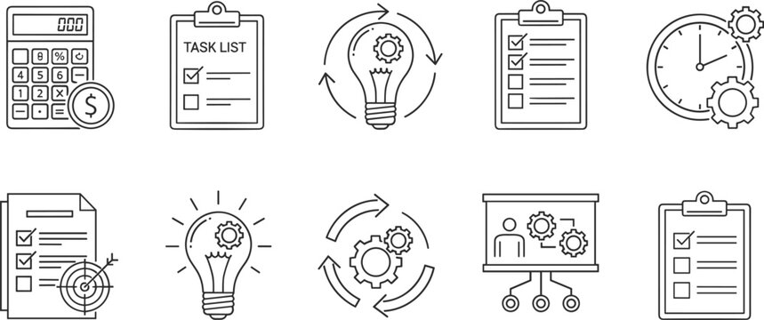 Professional workflow icon collection featuring calculation, time management, and ideation