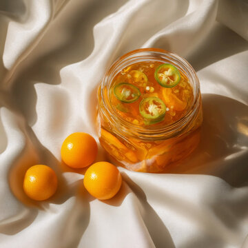 Clear glass jar of homemade kumquat jalape&ntilde;o marmalade with whole green jalape&ntilde;os and orange slices in golden syrup, accompanied by fresh kumquats on silk fabric, artisanal preserve vibe.