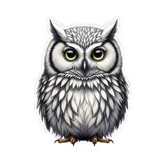 Obraz premium Cute cartoon owl sticker with large yellow eyes and detailed white and gray feathers, isolated on white background