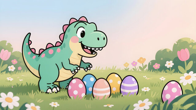 A cute cartoon baby dragon character holds a green easter egg and colorful easter eggs in this happy fantasy animal vector illustration