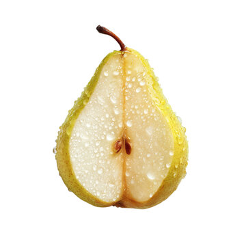 PNG of Freshly cut pear with droplets, showcasing its vibrant green skin and juicy interior.