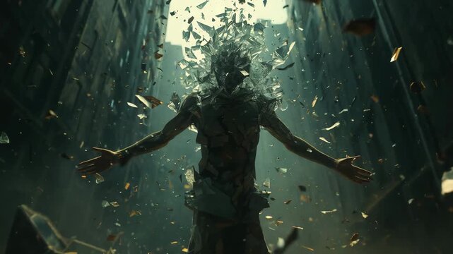 Human figure standing amid exploding debris between tall buildings with particles suspended in dramatic cinematic lighting