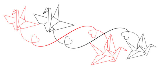 Line drawing of origami paper crane with heart 2.eps