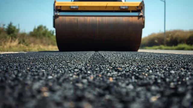 Road roller compacting fresh asphalt surface viewed from low angle showing texture and construction detail