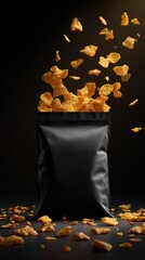Black bag of potato chips with falling chips on black background