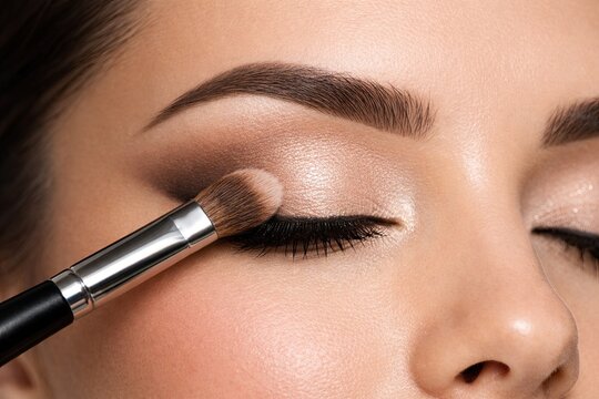 Close-up of woman applying eyeshadow with brush on eyelid, professional eye makeup and soft skin